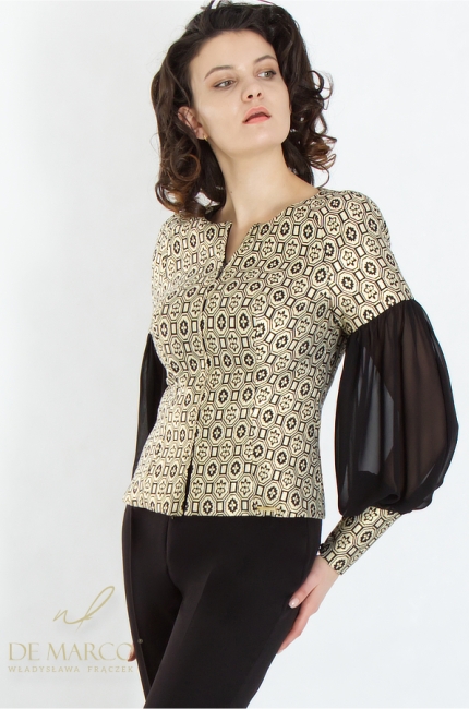 Formal and evening special occasion styles sewn in Poland. The most beautiful women's evening suits made of combined materials, with gold jacquard. Polish manufacturer Tailor-made De Marco