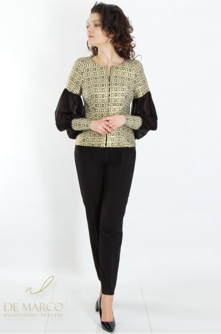 The most fashionable women's evening formal suits in black and gold. Tailor-made women's suits for De Marco evening