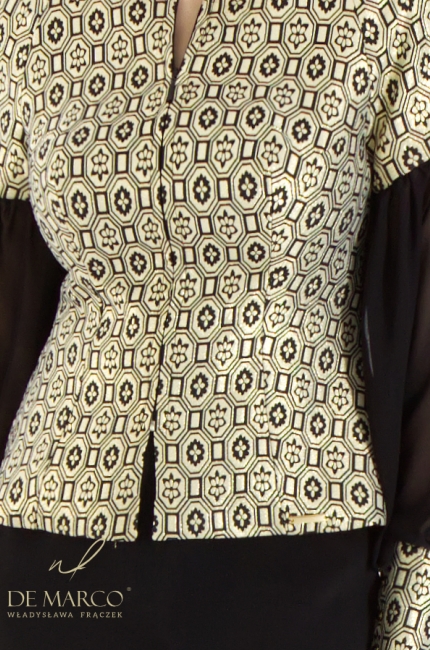 Modern jacquard evening dress suit. Luxurious evening styles with a skirt from the Polish designer Władysława Frączek De Marco