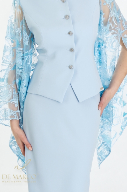 A stylish women's going out suit made of combined materials. The most fashionable blue formal suits for spring summer 2024. De Marco online store