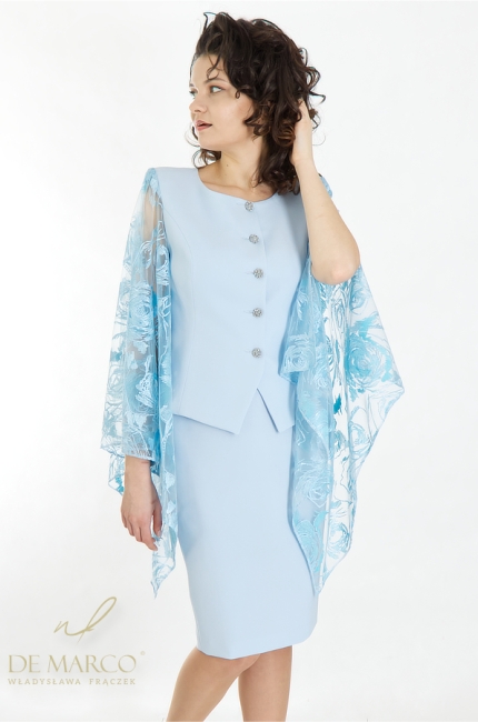 Luxurious women's formal suits in shades of blue, sewn in Poland. Polish producer De Marco