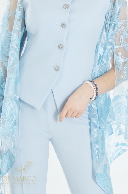 Fashionable blue women's occasional suit made in Poland. Regular sewing, fitted sewing De Marco