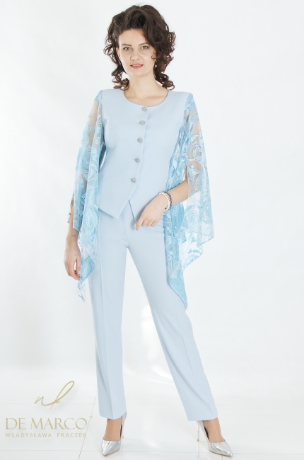 Blue women's formal cocktail suits. De Marco tailoring