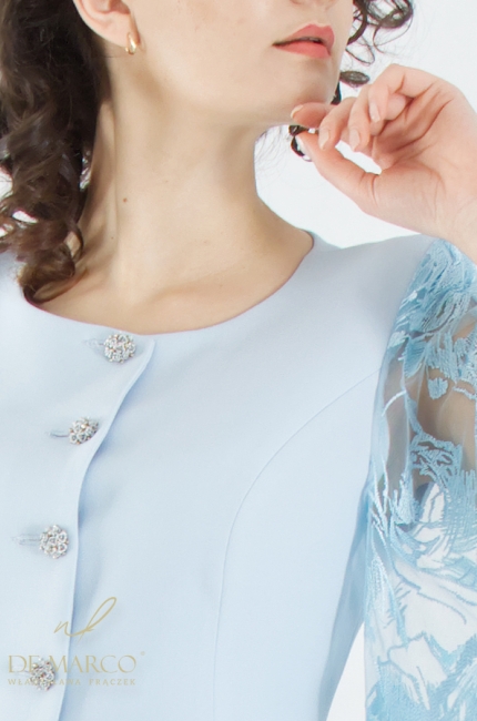 Romantic formal set with trousers and lace sleeves. Fashionable blue styles dedicated to the Wedding Mother. De Marco online store
