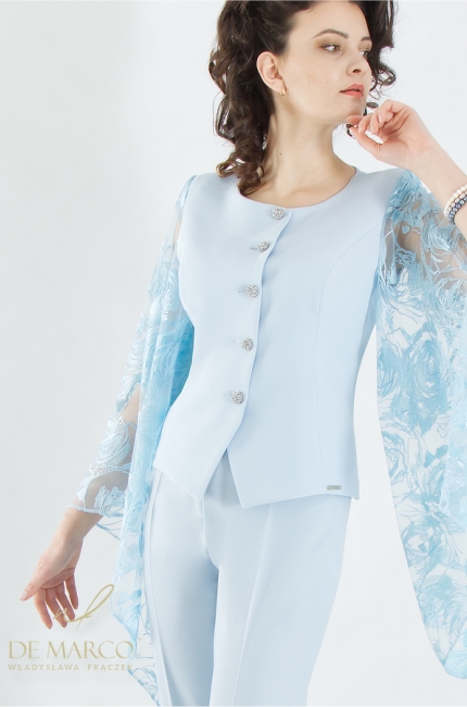 Women's occasional suit made in Poland in shades of blue. The most beautiful women's trousers with lace for a wedding. De Marco online store