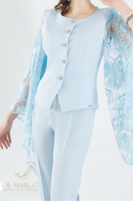 Romantic set, feminine suit set with lace sleeves. The most beautiful blue styles for women, perfect for a wedding. Polish producer De Marco