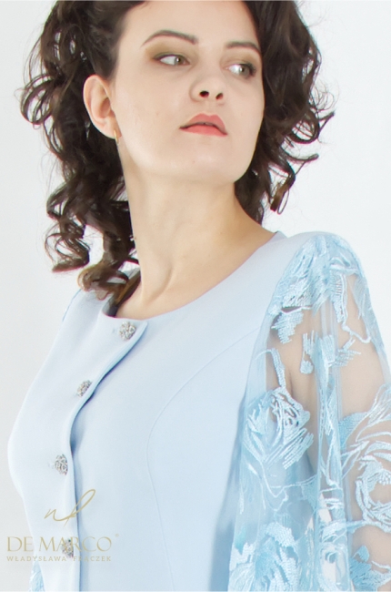Women's blue suit suit made to measure by the manufacturer. The most beautiful formal trousers with lace. Polish manufacturer of luxury women's clothing De Marco
