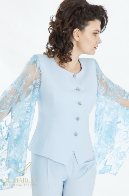 What to wear for a wedding anniversary, child's wedding, First Communion, anniversary, birthday? Fashionable cocktail suit sets for women. We sew in Małopolska. De Marco online store