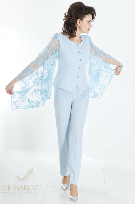 Ekskluzywny garnitur damski wizytowy w odcieniach błękitu. Polski producent De Marco