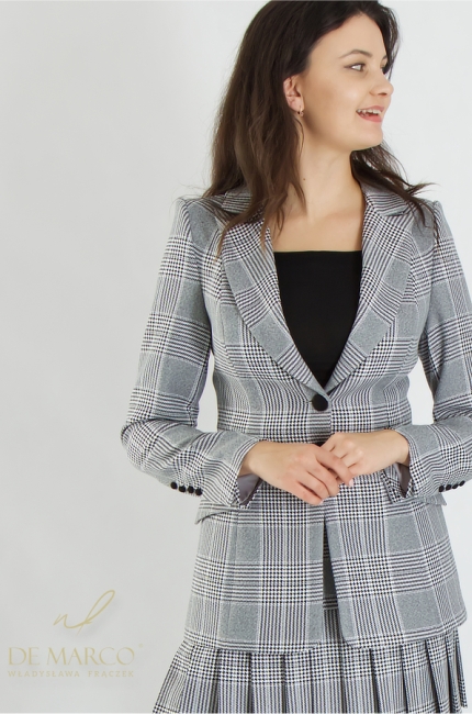 Fashionable and elegant pleated mini skirts in a check pattern. The most beautiful business formal sets 2024 2025 for successful women. Polish manufacturer De Marco