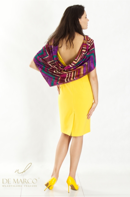 Stylish summer formal dress in lemon color with silk scarf. De Marco online store