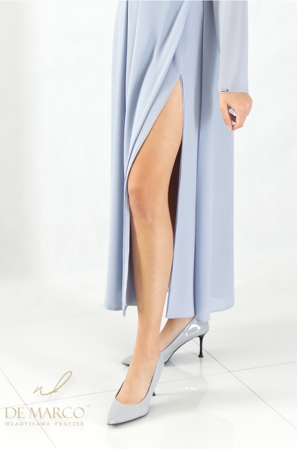 Elegant, casual, long formal coat in a shade of powder blue. Custom made by De Marco.