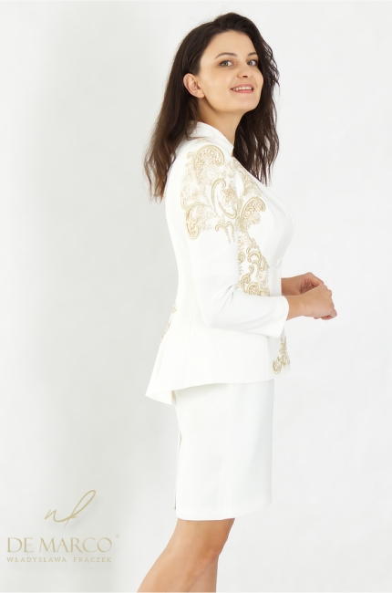 The most beautiful civil wedding outfits for mature women. Luxurious sets with a tailcoat and a creamy white dress. De Marco Online Store