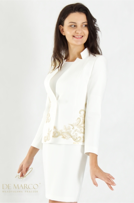 A romantic set with a tailcoat and dress for the bride. Elegant civil wedding outfits made in Poland.