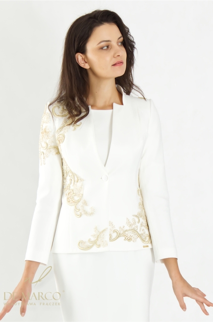Cream dress set with embroidered tailcoat. The trendiest classic white styles adorned with embroidery. De Marco online store