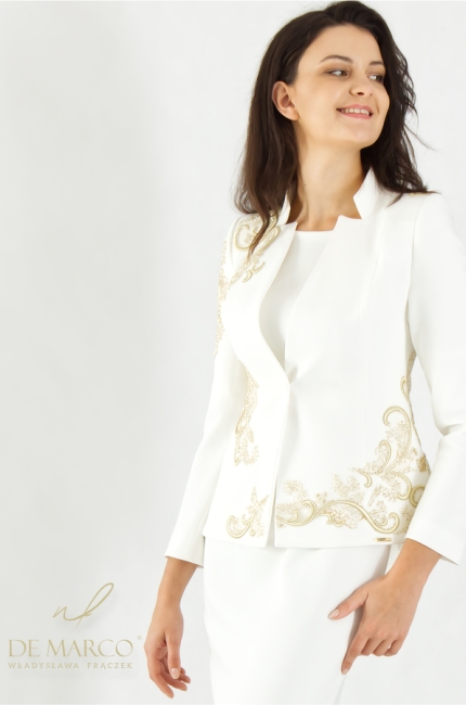 Women's dress and tailcoat adorned with floral embroidery. Luxurious women's ensembles for special occasions. De Marco custom tailoring.