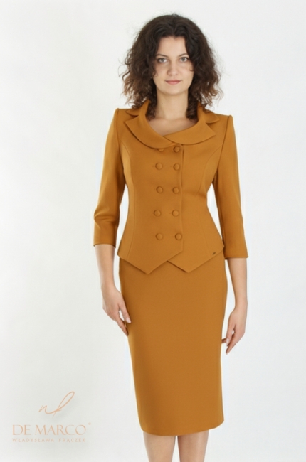 Modern, tailored women's suits, both formal and business, for successful women. Stylish outfits with a skirt and jacket in an ochre shade. De Marco Online Store