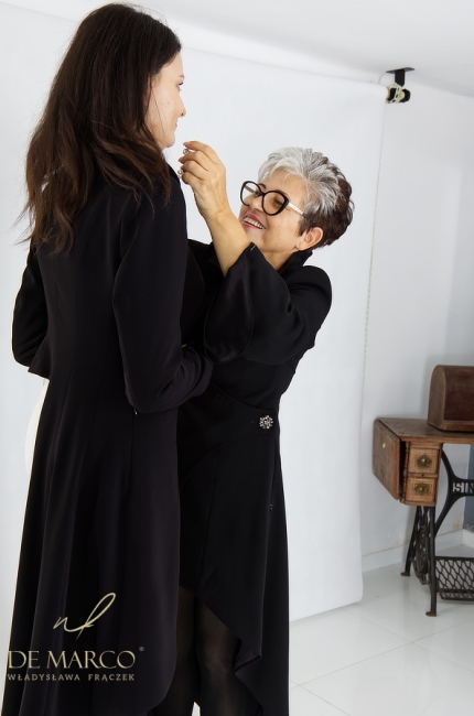 The most beautiful women's formal maxi sets with an asymmetrical formal coat and high-waisted trousers with a slit. De Marco Online Store