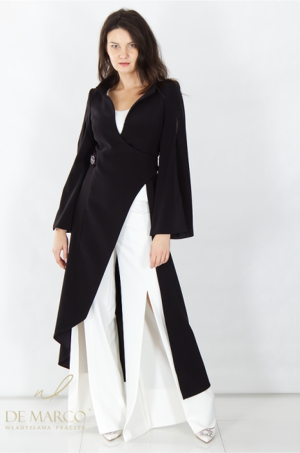 What to wear to the premiere of a performance at the Operetta Opera Philharmonic? Fashionable maxi evening coats with trousers. Polish luxury women's styling manufacturer De Marco