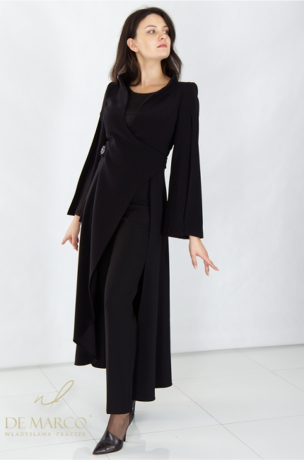 Elegancki czarny komplet wizytowy maxi ze spodniami. Szyte na miarę spodnium wieczorowe dwuelementowe De Marco
