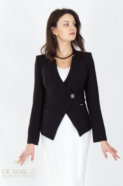 Modne stylizacja black&white do biura na sympozjum spotkanie biznesowe konferencję. Szycie na miarę De Marco