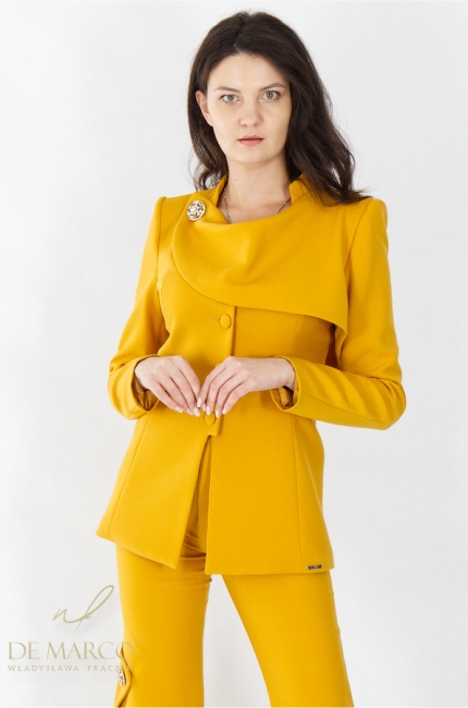 Stylowe oryginalne żółte zestawy do pracy biura spotkanie biznesowe marynark i spodnie poszerzane. Sklep internetowy De Marco