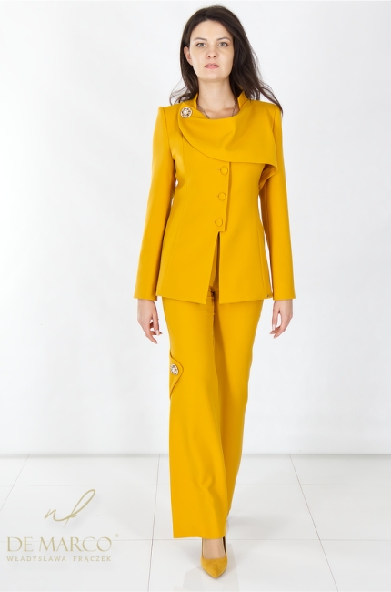 Oryginalne spodnium damskie marynarka z szalem i spodnie high-waist poszerzane. Sklep internetowy De Marco