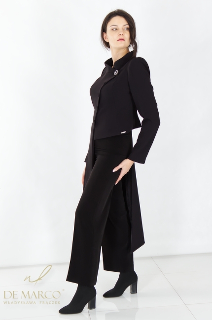 A unique, lightweight, asymmetrical black coat. Made to measure, tailored by De Marco.