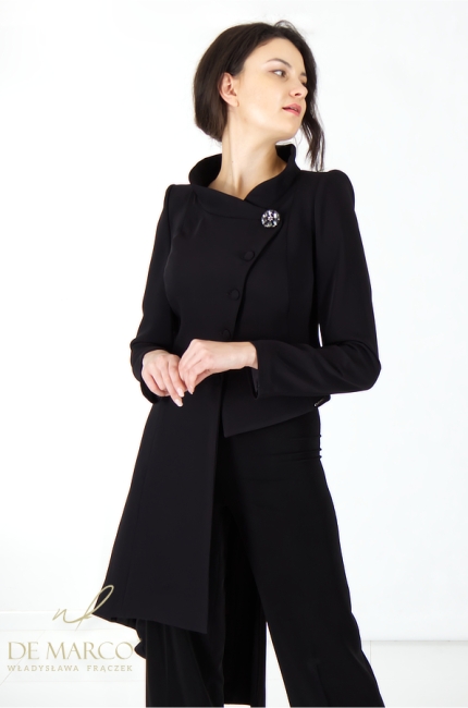 This feminine black asymmetrical blazer is perfect for evening wear. Fashionable short women's blazers with a stand-up collar. De Marco Online Store