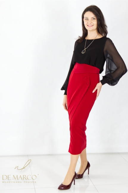 Najpiękniejsze polskie spódnice wizytowe midi z zapięciem kopertowym czerwona. Sklep internetowy De Marco