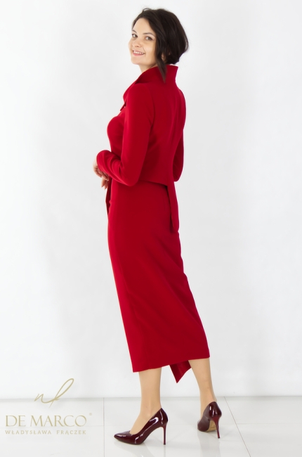 Nowoczesny komplet damski garsonka ze spódnicą midi. Asymetryczne polskie komplety wizytowe od polskiej projektantki Władysławy Frączek De Marco