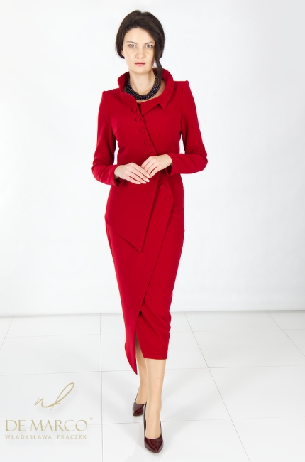 Co założyć na konferencję, sympozjum, inaugurację, otwarcie. Modne czerwone komplety dwuczęściowe asymetryczne. Polski producent De Marco