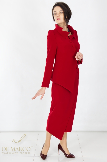 Nowoczesne szyte na miarę u krawca czerwone komplety garsonki damskie ze spódnicą. Sklep internetowy De Marco