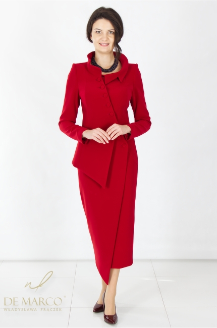 Najmodniejsze szyte na miarę w Polsce garsonki asymetryczne czerowne. Komplety asymetryczne do biura na inaugurację, spotkanie biznesowe, jubileusz rocznicę. Sklep internetowy De Marco