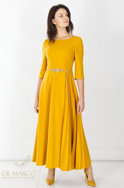 Elegancka sukienka wizytowa maxi z plisowaniem żółta. Sklep internetowy De Marco