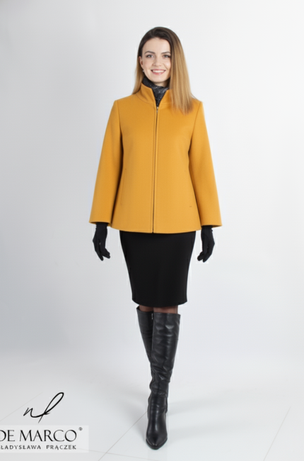 Modny ciepły płaszczyk damski krótki z wełny w intensywnym odcieniu pomarańczy brązu żółtego. Sklep internetowy De Marco