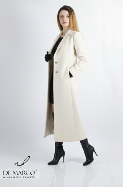 Klasyczny elegancki płaszcz wizytowy wyjściowy w jasnych kolorach wełna. Szycie na miarę De Marco