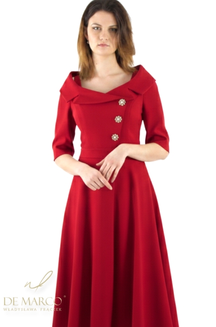 Elegant business and formal outfits in red. A tailored midi dress with a collar and half sleeves for the successful woman.