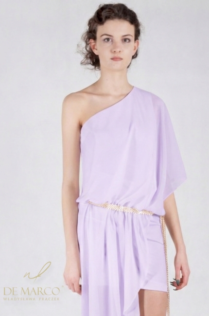 A beautiful, airy, Grecian-style maxi dress in shades of powder purple. Polish luxury women's clothing manufacturer De Marco