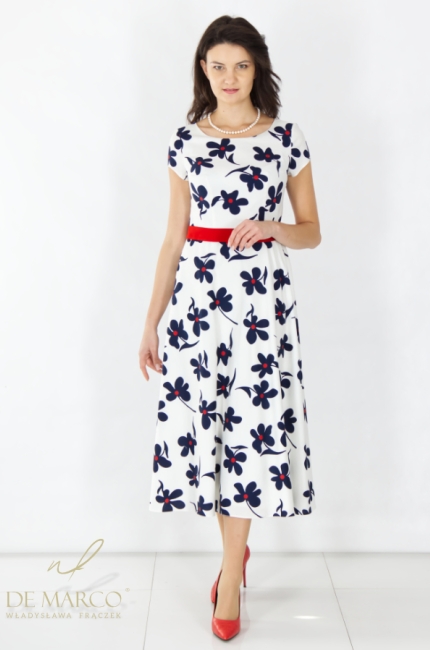 Polskie sukienki wizytowe midi idealne na wiosnę lato. Modne kwiatowe sukienki wyjściowe krótki rękaw. Sklep internetowy De Marco