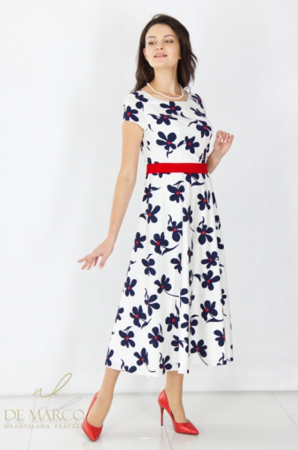 Ekskluzywne sukienki wyjściowe z modnym kwiatowym printem od polskiego producenta. Szycie na miarę w polskiej pracowni krawieckiej De Marco