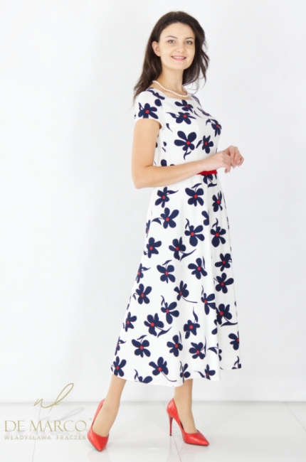 Elegancka sukienka rozkloszowana okolicznościowa z kwiatowym printem. Szycie na miarę u projektantki Władysławy Frączek. Atelier De Marco sklep internetowy