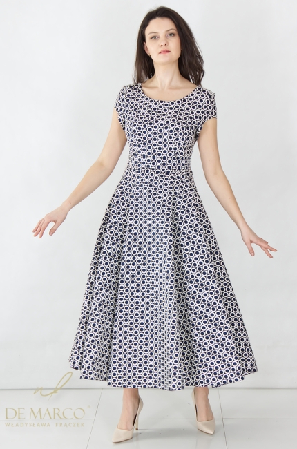 Ekskluzywna sukienka weselna rozkloszowana midi. Żakard. Szycie na miarę De Marco