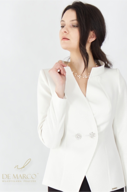 A white, waist-cinching, formal business jacket. Polish manufacturer of luxury, classic women's clothing, De Marco.