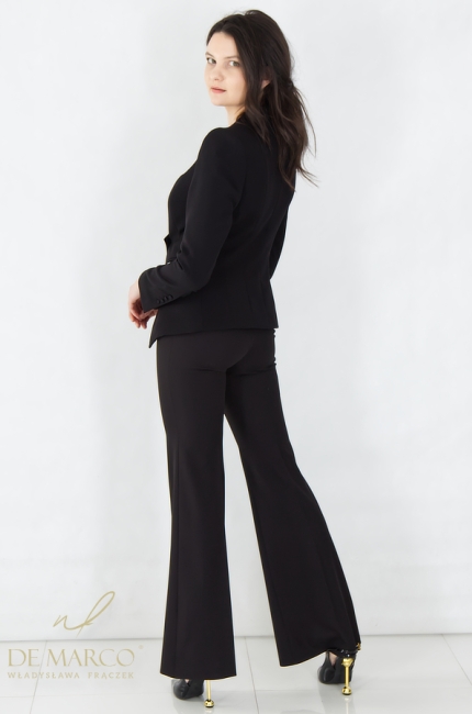 A luxurious, smooth black suit and trousers set for successful businesswomen. Made in Małopolska, Poland, premium quality.