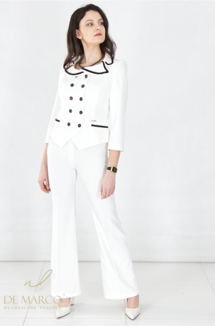 Fashionable, sleek white pantsuits with black embellishments, perfect for the office, meetings, family celebrations, and cultural events. Made to measure in the Polish tailoring studio De Marco. We sew in Małopolska.