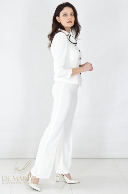 What to wear to work in spring and summer? Fashionable Polish women's two-piece suits in creamy white. Custom tailoring by De Marco.