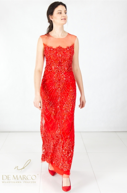Luxurious lace maxi evening gown with sequins. Red evening styles for successful women. Made-to-measure tailoring by De Marco