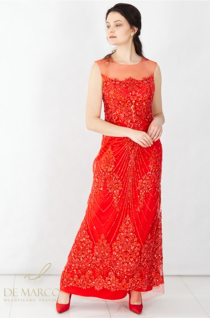 Beautiful Polish red maxi evening dress with embroidered lace and sequins. De Marco online store