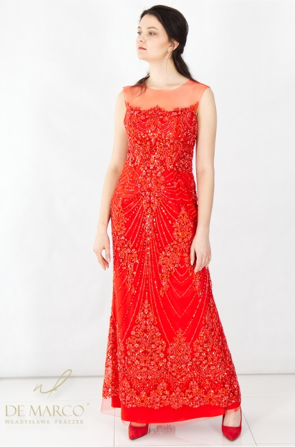 Adelaide – a glamorous red. Embroidered lace over mesh embellished with beading. Your custom-made evening gown from De Marco. See it!